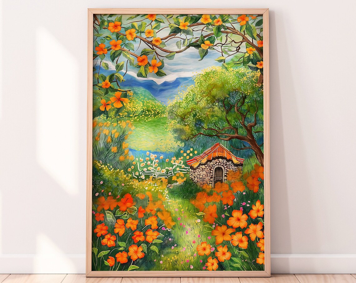 Orange Flower Garden Nature Illustration Art Print