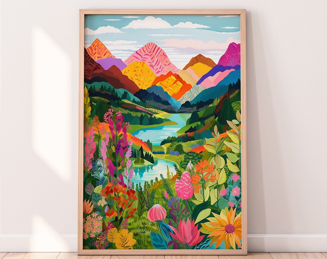 Abstract Mountain Floral Art Print, Colorful Landscape