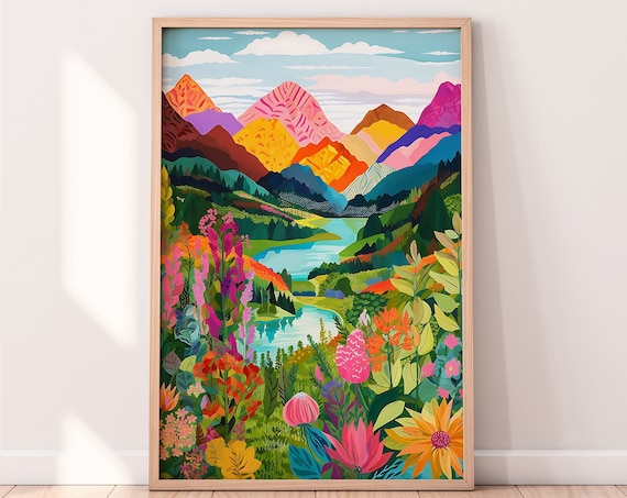 Abstract Mountain Floral Art Print, Colorful Landscape