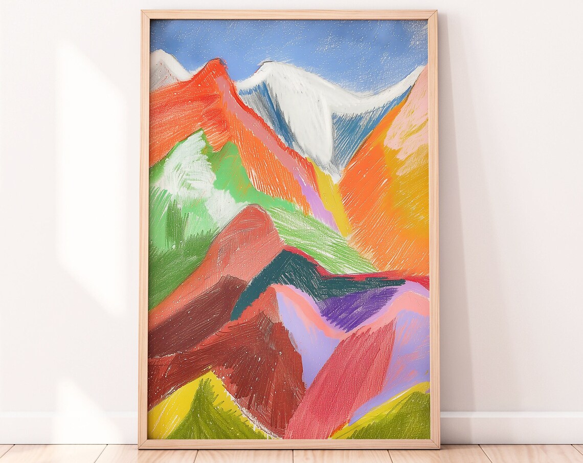 Bright Abstract Mountain Painting Print With Rainbow Peaks Artwork