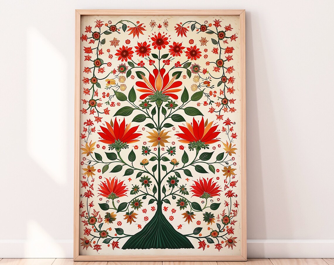 Indian Folk Art Floral Prints, Vintage Pichwai Poster