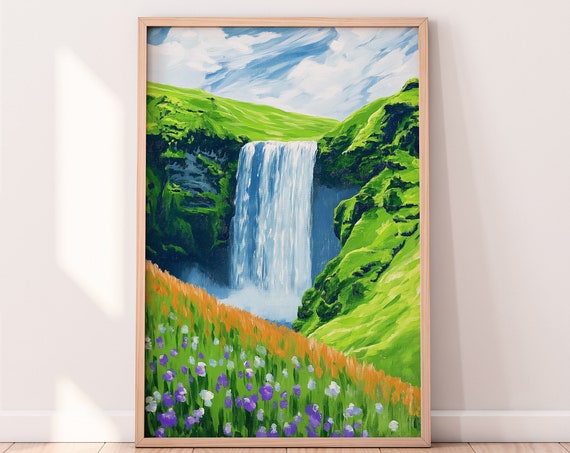 Skogafoss Iceland Travel Poster, Waterfall Scene