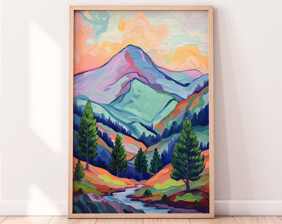 Colorful Mountain Peak Pine Trees Stream Landscape Art Poster