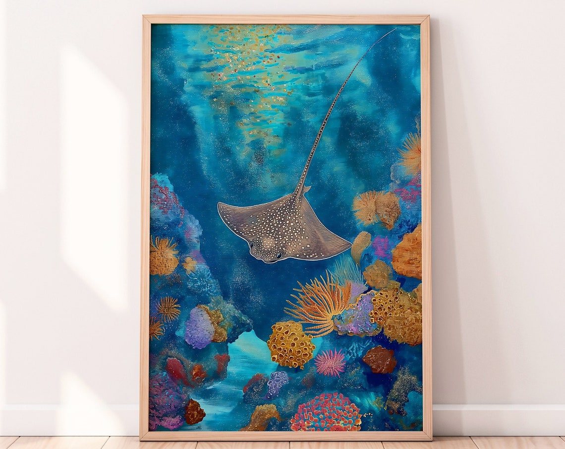 Spotted Eagle Ray Gliding Over A Vibrant Coral Reef Scene Poster