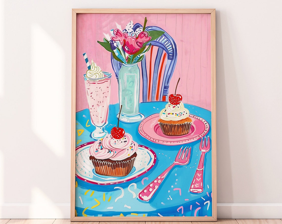 Pink Cupcakes Milkshake Sweet Dessert Party Kitchen Decor Art Poster - Image 2
