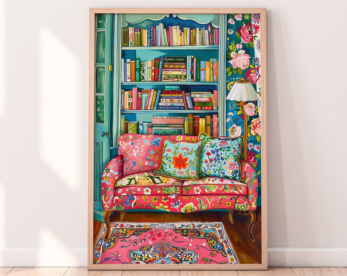 Cosy Bookshelf Illustration, Bookworm Reading Nook Print