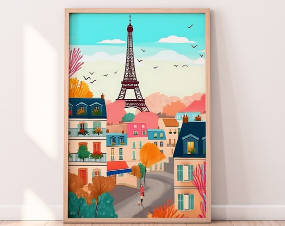 Romantic Paris Eiffel Tower Pastel Street Illustrated Scene Poster