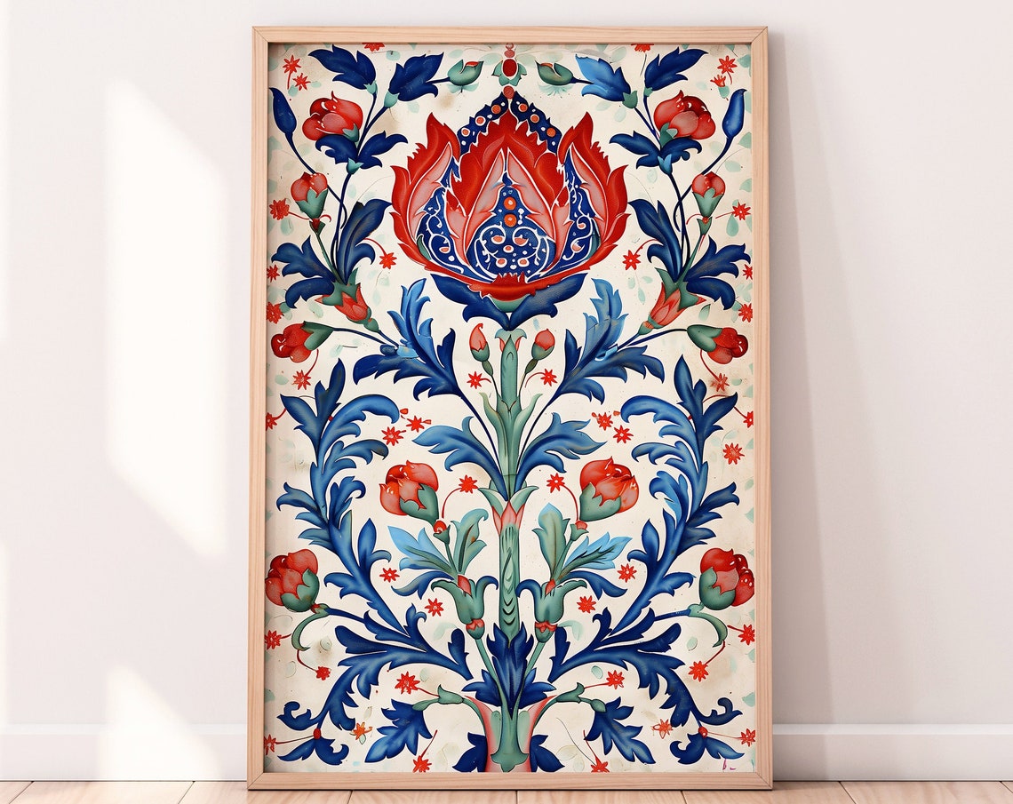 Traditional Ottoman Ceramic Red Blue Tulip Tile Pattern Wall Art