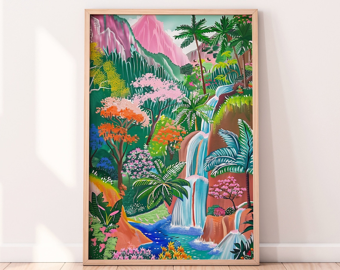 Waterfall Drawing Botanical Scenery Art Print