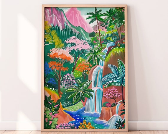 Waterfall Drawing Botanical Scenery Art Print