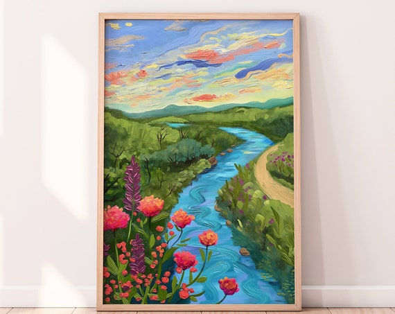 River In The Flowery Field Colorful Wall Art Landscape Nature Wall Art River Decor Nature Lover Gift