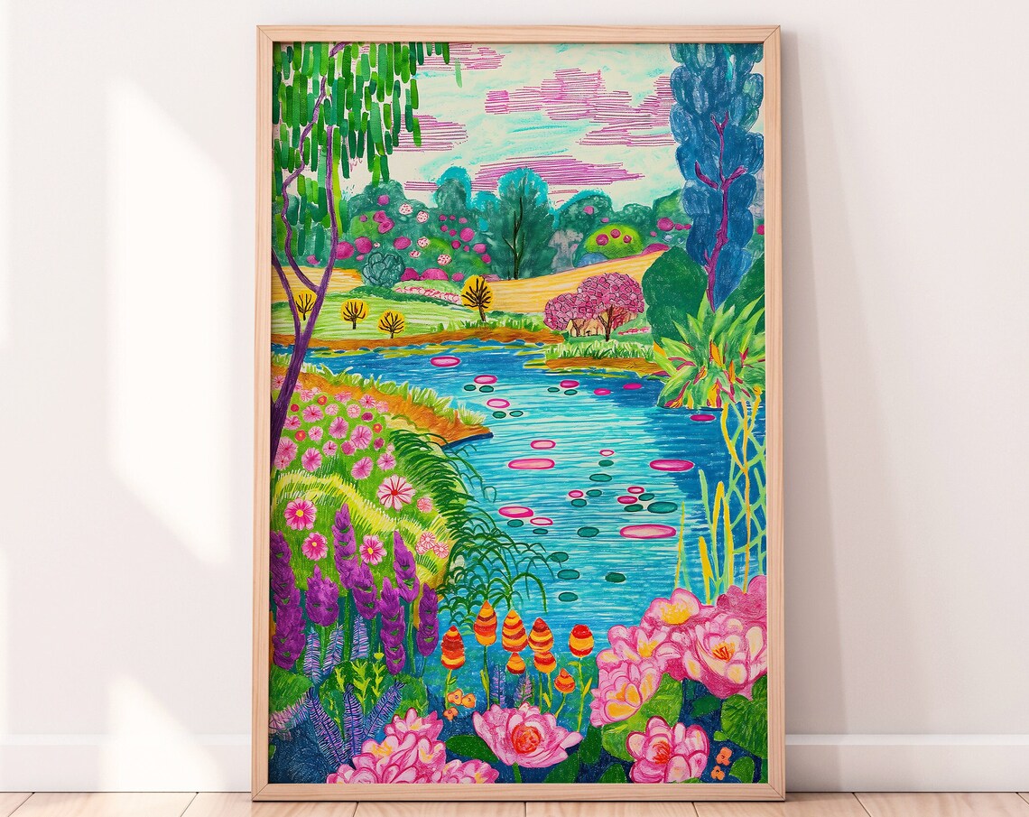 Flowers By The Lake Art Print, Nature Landscape