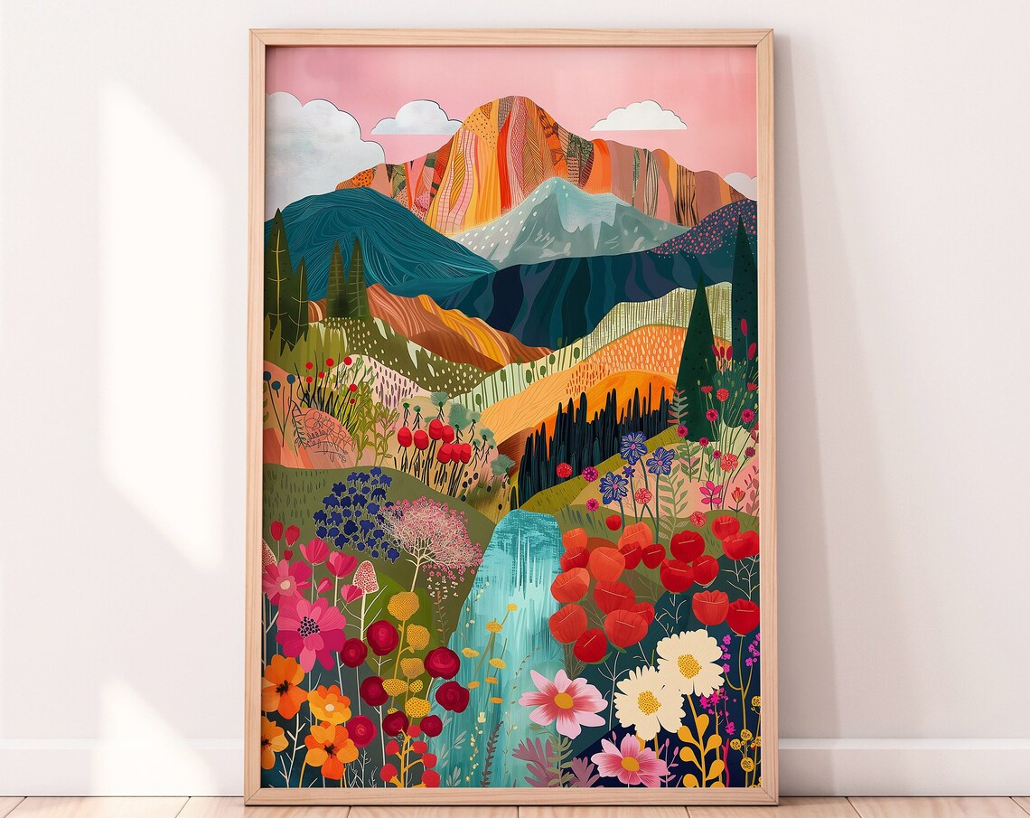 Abstract Patchwork Mountain Art Print, Colorful Scenery