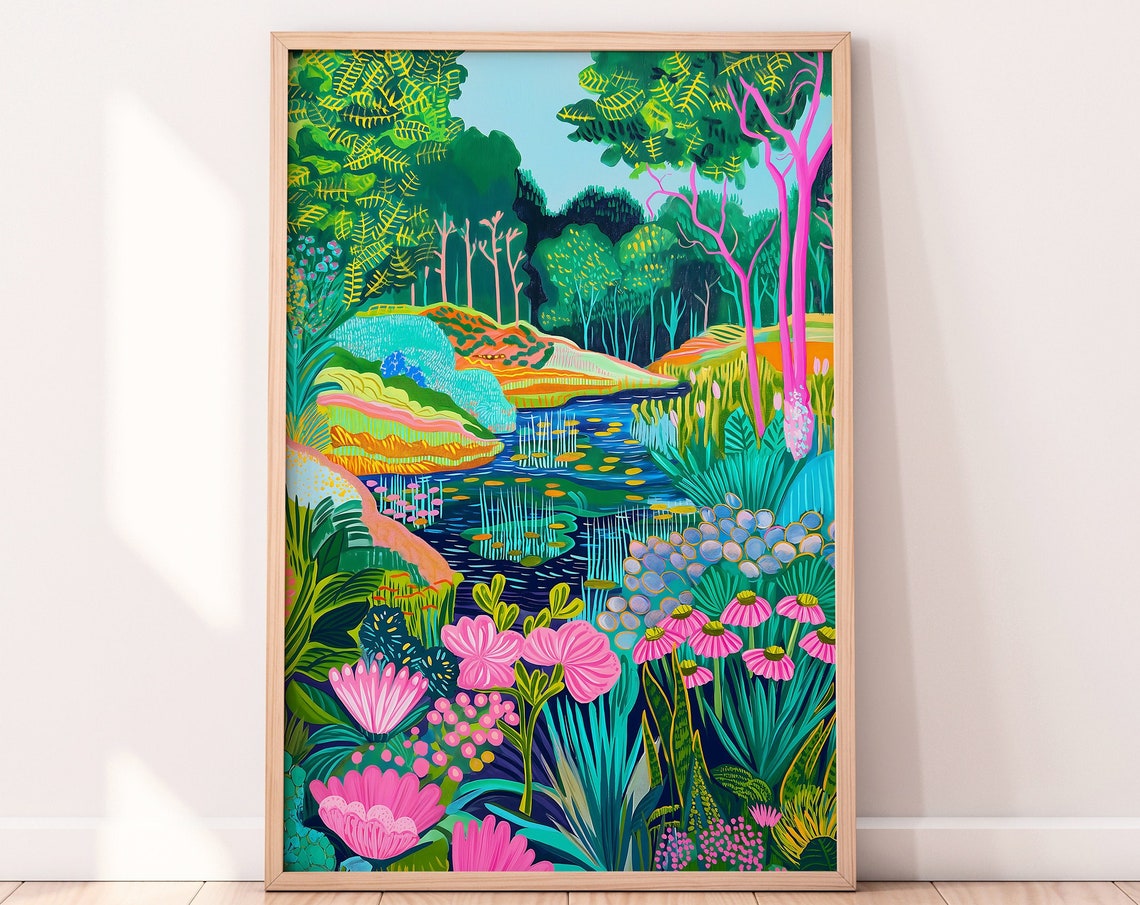 Colorful River Stream Pink Floral Jungle Abstract Art Poster