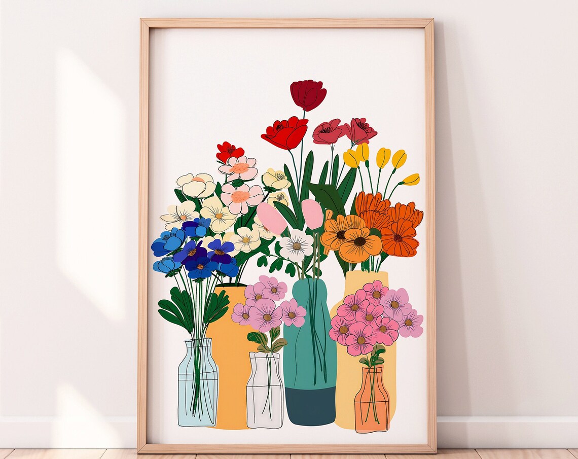Colorful Wildflower Bouquets in Vases Botanical Floral Wall Art