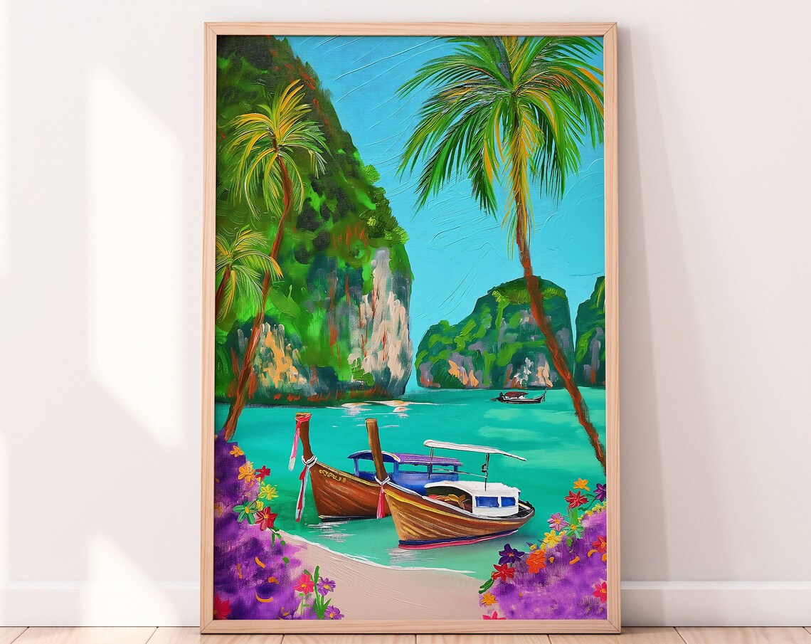 Thailand Phi Phi Islands Tropical Beach Longtail Boat Poster