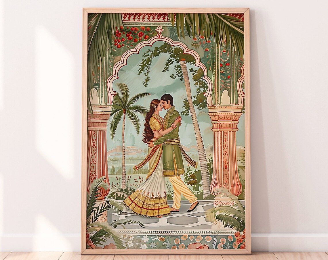 Indian Wedding Couple In Traditional Dress Palace Garden Art Print - Image 2