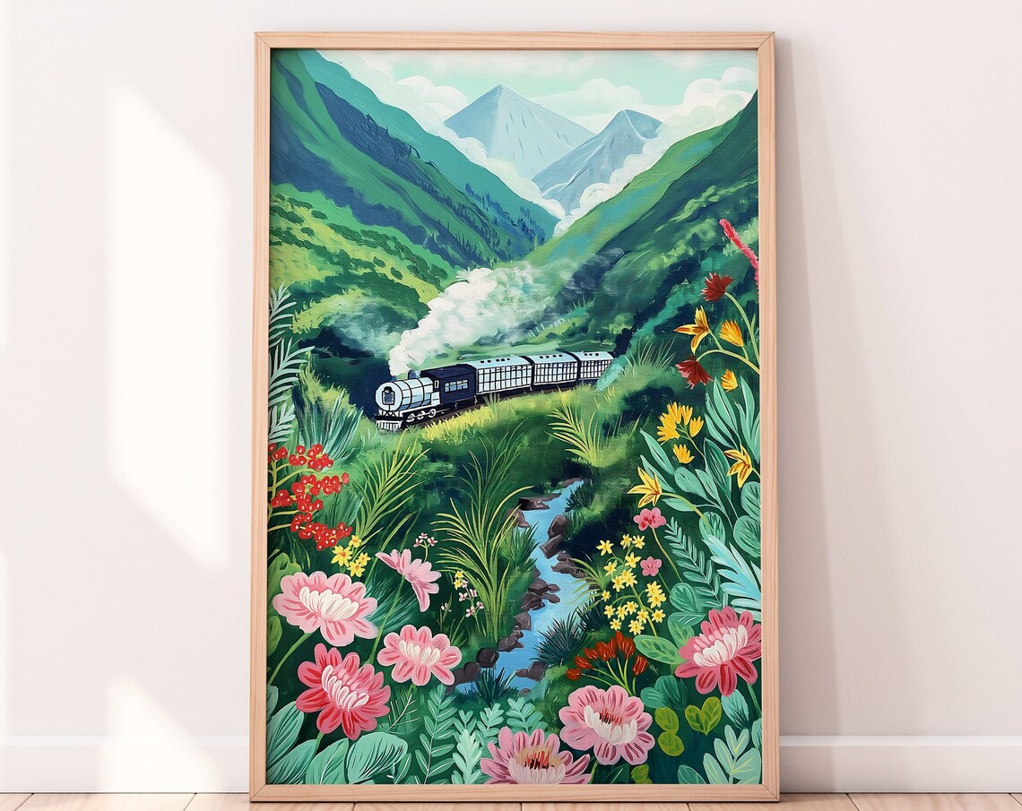 Steam Train Crossing A Green Mountain Valley Floral Art Print - Image 2
