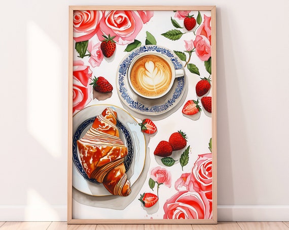 Coffee And Croissant Illustration Colorful Wall Art Still Life Illustration Art Kitchen Art Print Breakfast Food Poster