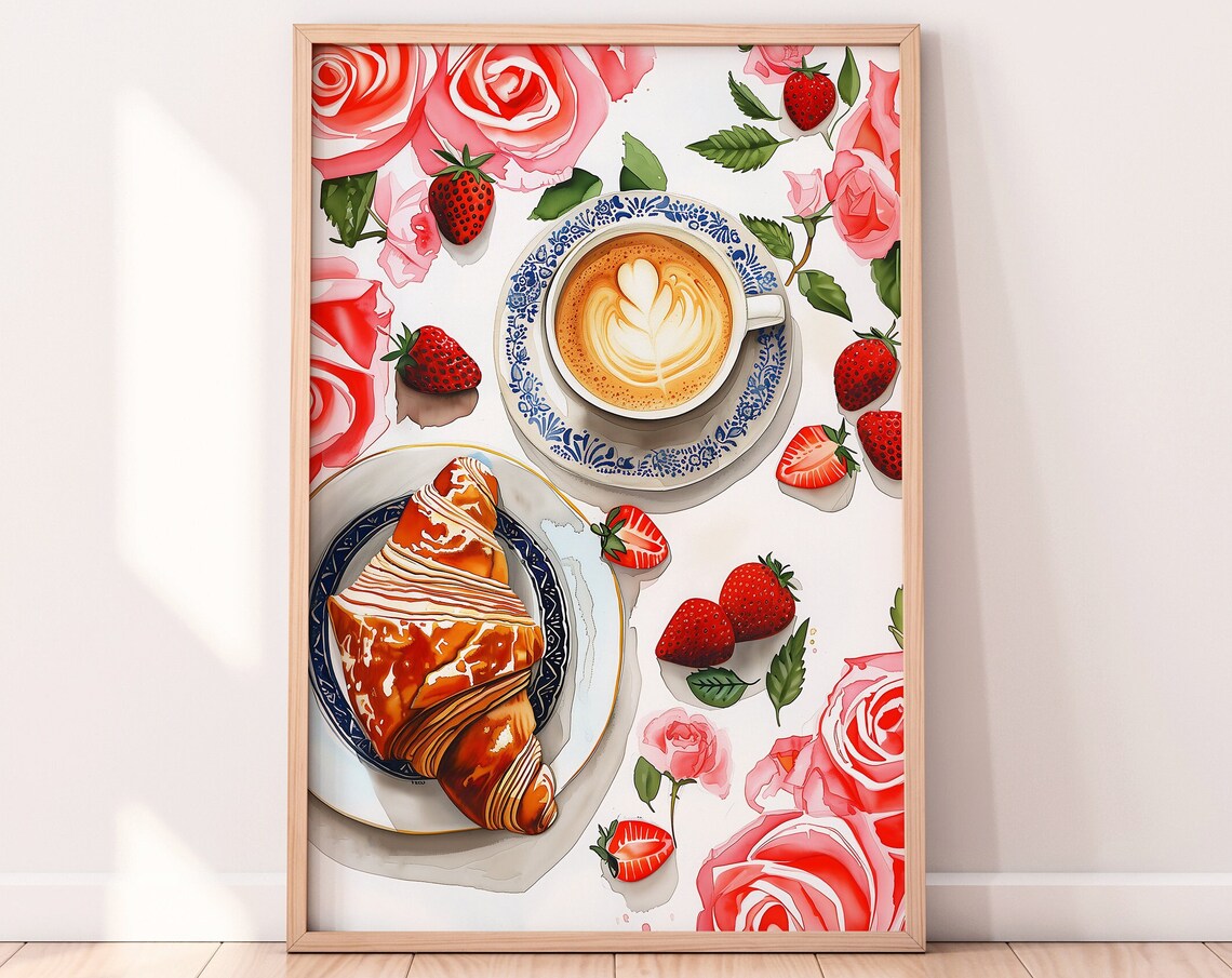 Watercolor Latte Coffee Croissant Strawberries Roses Art Print