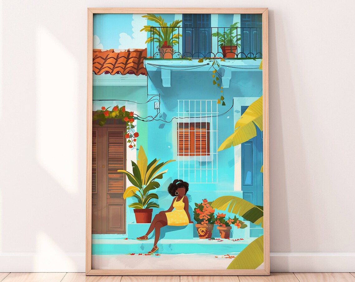 Havana Cuba Turquoise Colonial Balcony Sunny Street Scene Art Poster - Image 2