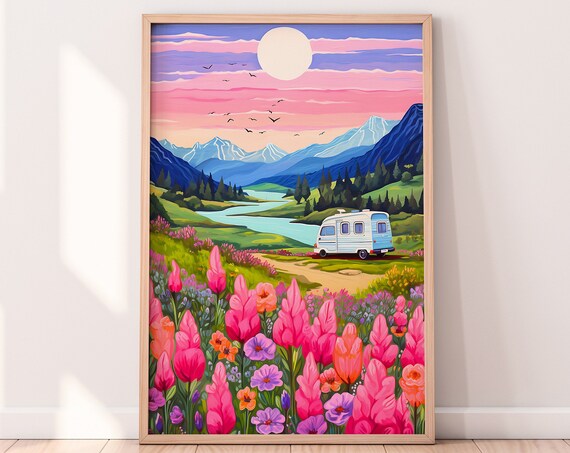 Campervan Travel Art New Zealand Mountain Poster
