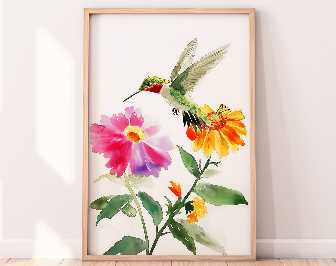 Delicate Hummingbird With Pink And Orange Flowers Watercolor Poster