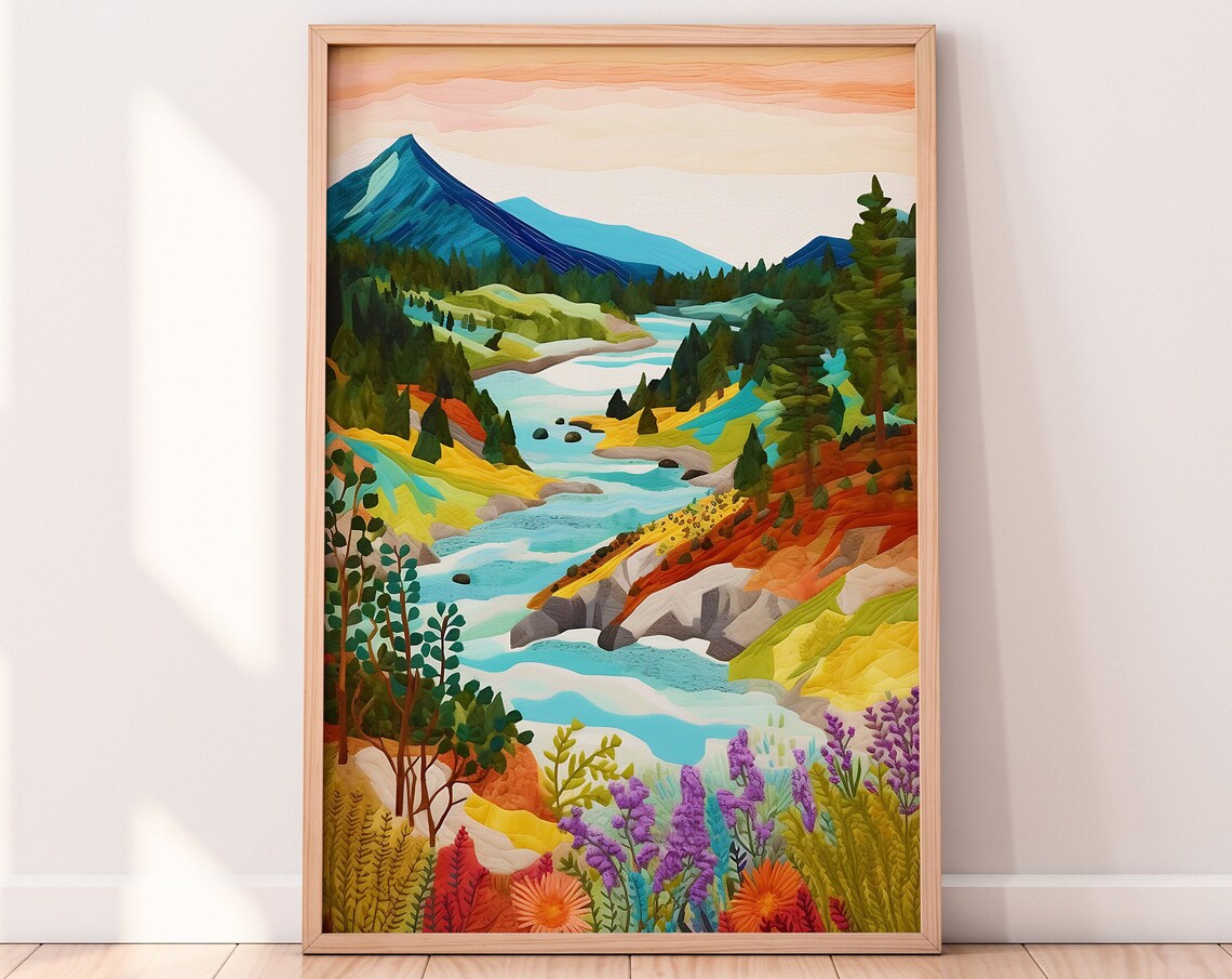 Colorful Mountain Scenery Art Print, Vibrant Summer