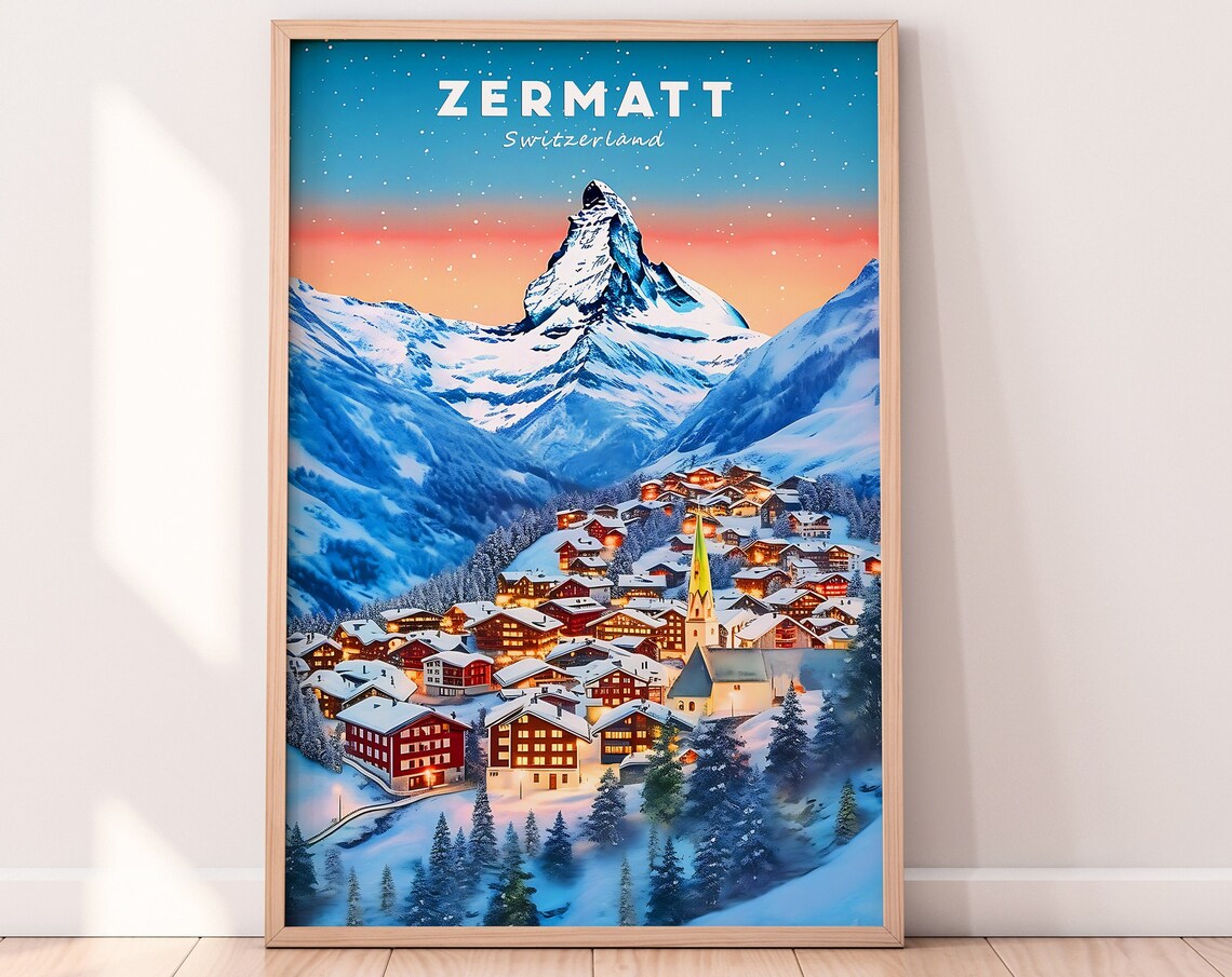 Zermatt Switzerland Travel Poster, Snow Illustration