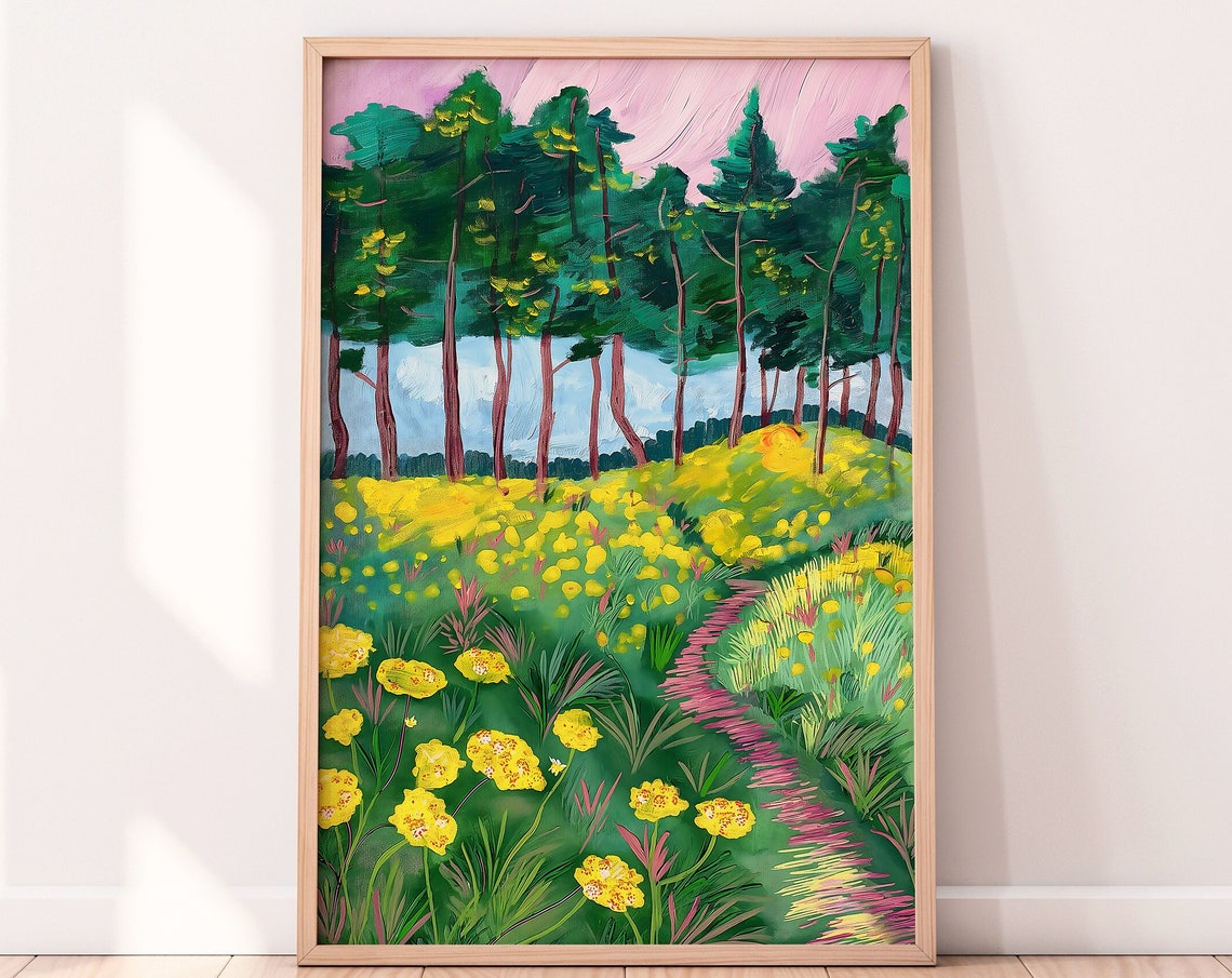 Spring Meadow Yellow Wildflowers Pine Forest Path Landscape Print - Image 2