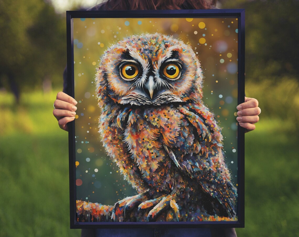 Owl Portrait Big Amber Eyes Speckled Feathers Golden Dots Wall Poster