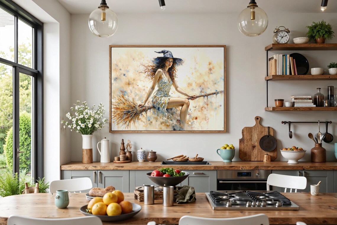 Beautiful Witch Flying on Broomstick Soft Dreamy Watercolor Poster - Image 3
