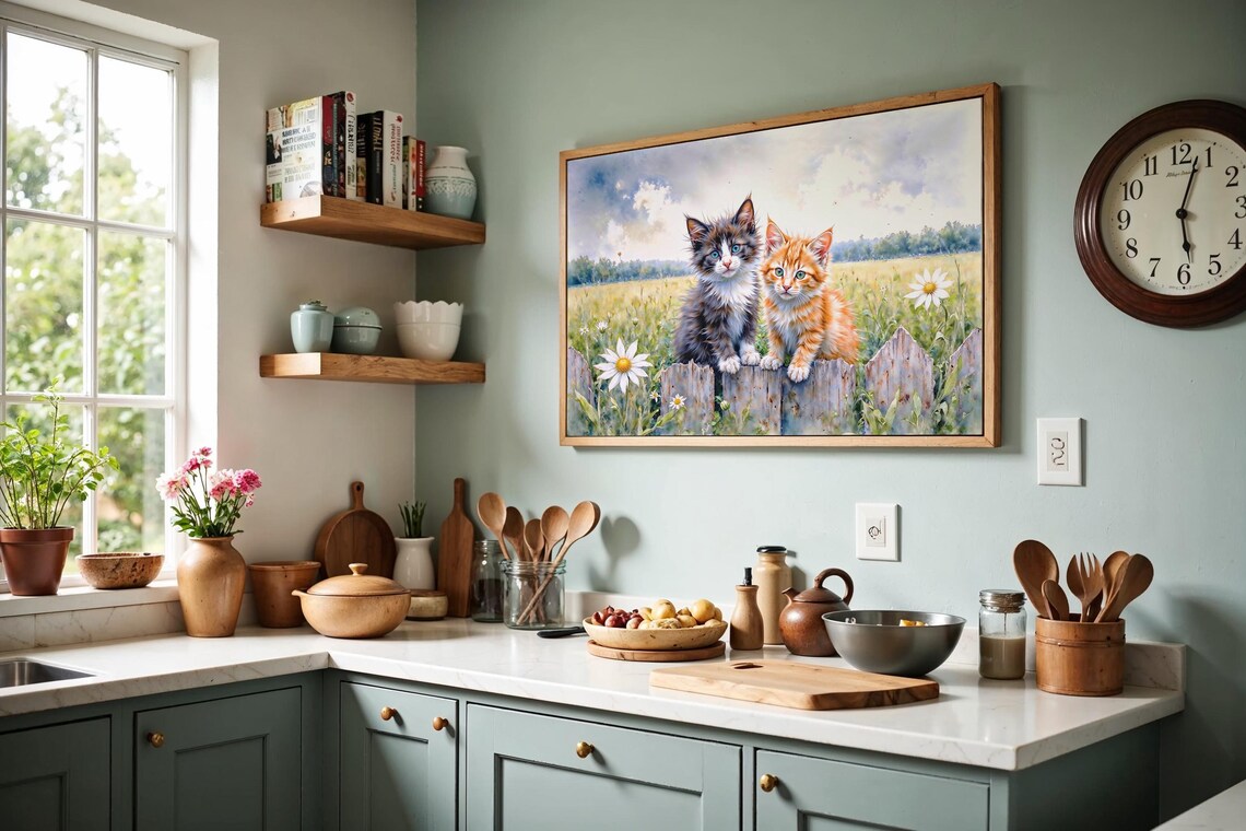 Two Cute Kittens on Rustic Fence Watercolor Daisy Field Poster - Image 3