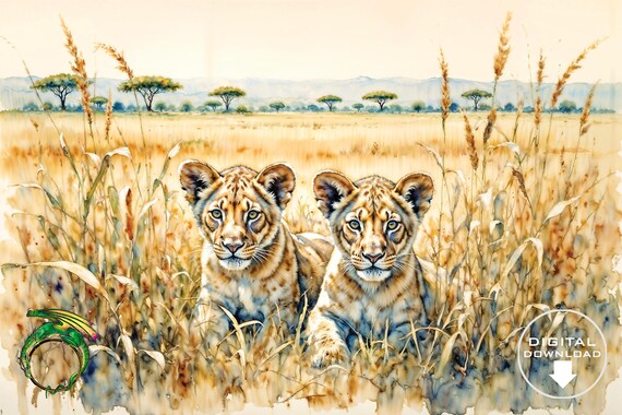 Two Lion Cubs in Golden Savanna Grass Soft Watercolor Poster