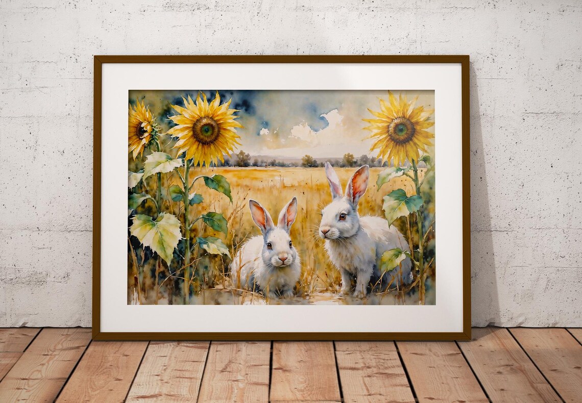 Two White Rabbits Among Sunflowers in Golden Field Watercolor Poster - Image 4