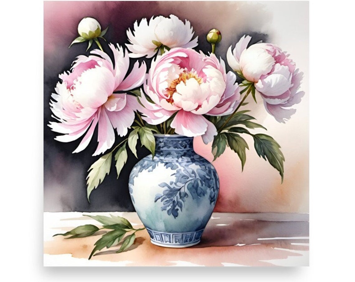 Peony Painting Pink Peonies In Blue Vase Watercolor Art Print Floral Still Life Wall Art Pink Flowers Still Life Art Botanical Poster