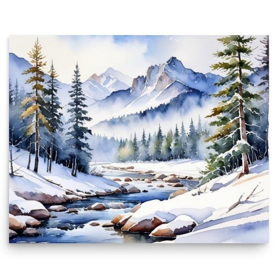 Rocky Mountains Watercolor Art Print, Winter Landscape