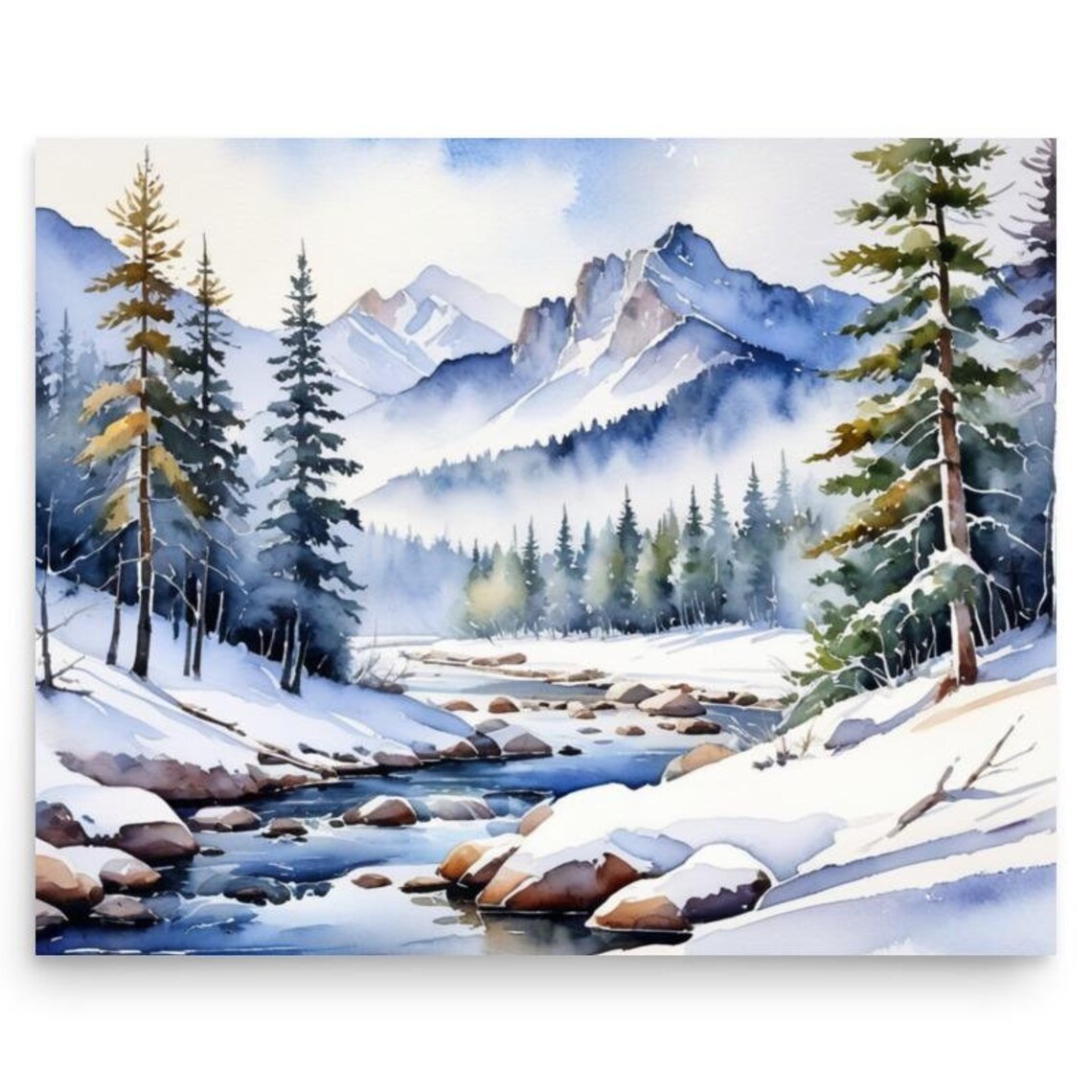 Rocky Mountains Watercolor Art Print, Winter Landscape