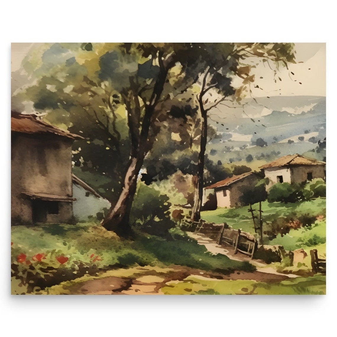 A Village Painting Bulgarian Rural Landscape Watercolor Art Print Country Houses Wall Art European Countryside Artwork Rustic Wall Decor
