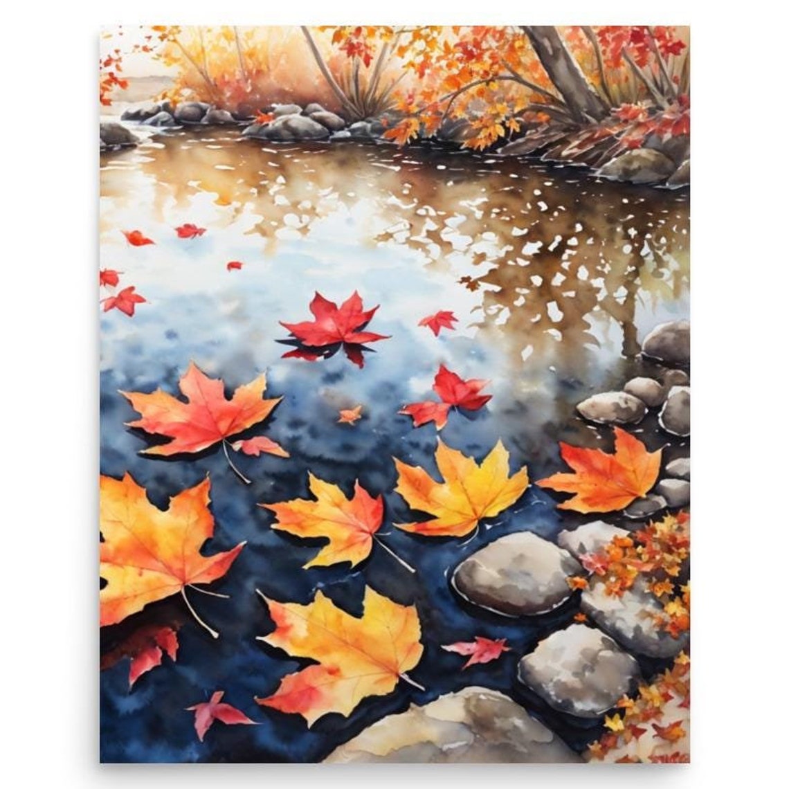 Red Maple Leaves Floating On A Forest Stream Watercolor Poster