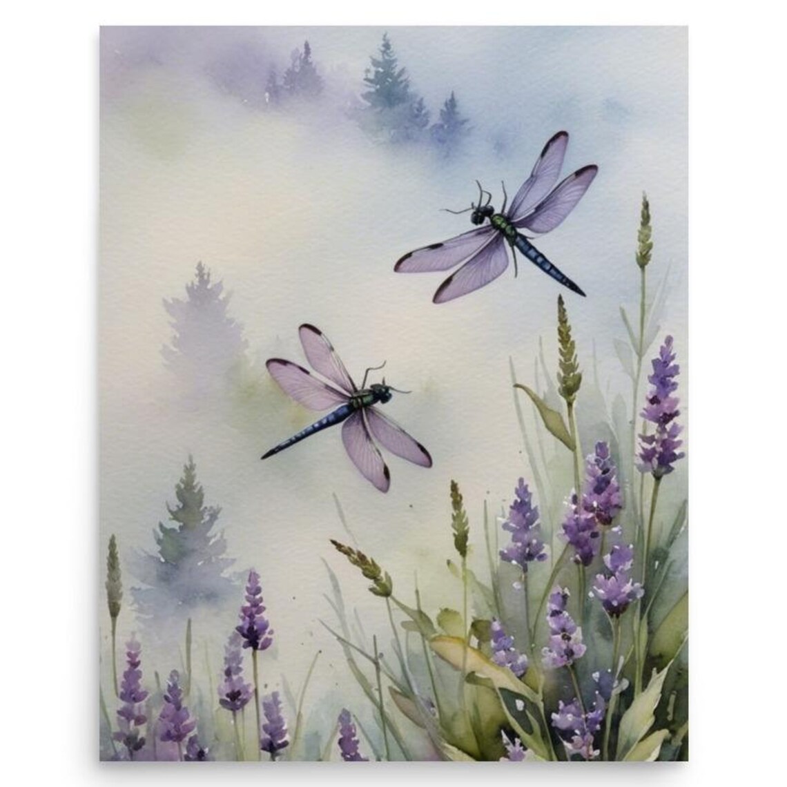 Dragonfly Watercolor Art Print, Lavender Meadow