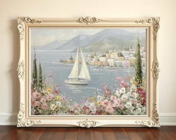 Pastel Sailboat Coastal Town Floral Impressionist Sea Art Print