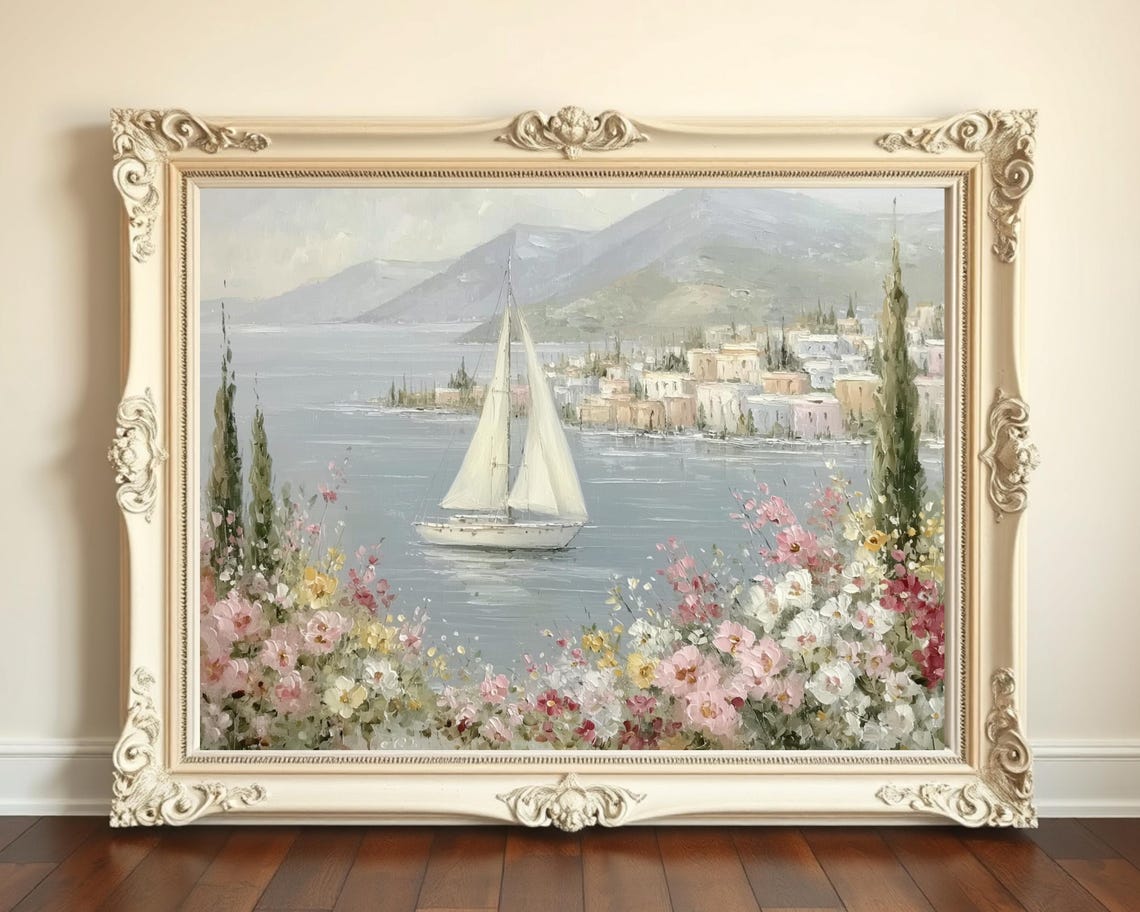 Pastel Sailboat Coastal Town Floral Impressionist Sea Art Print