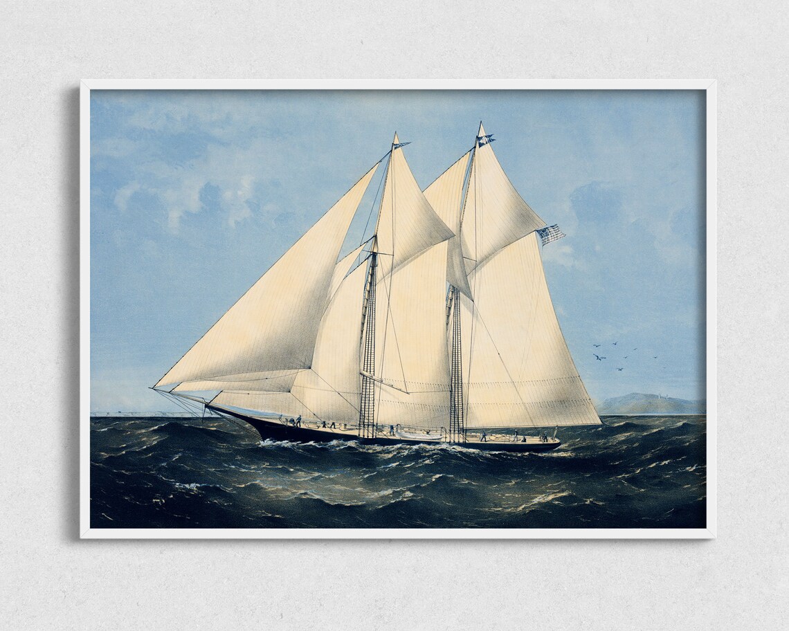 Tall Sailing Ship Full White Sails Open Sea Vintage Nautical Ship Poster