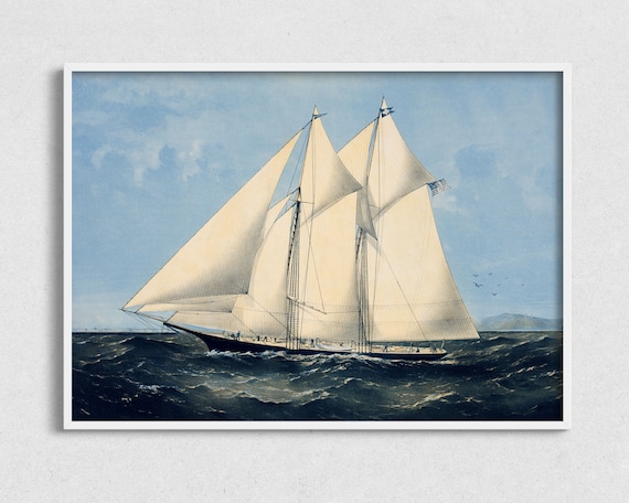 Tall Sailing Ship Full White Sails Open Sea Vintage Nautical Ship Poster