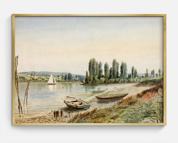 Vintage Nautical Boat Landscape Art Print, Antique Summer