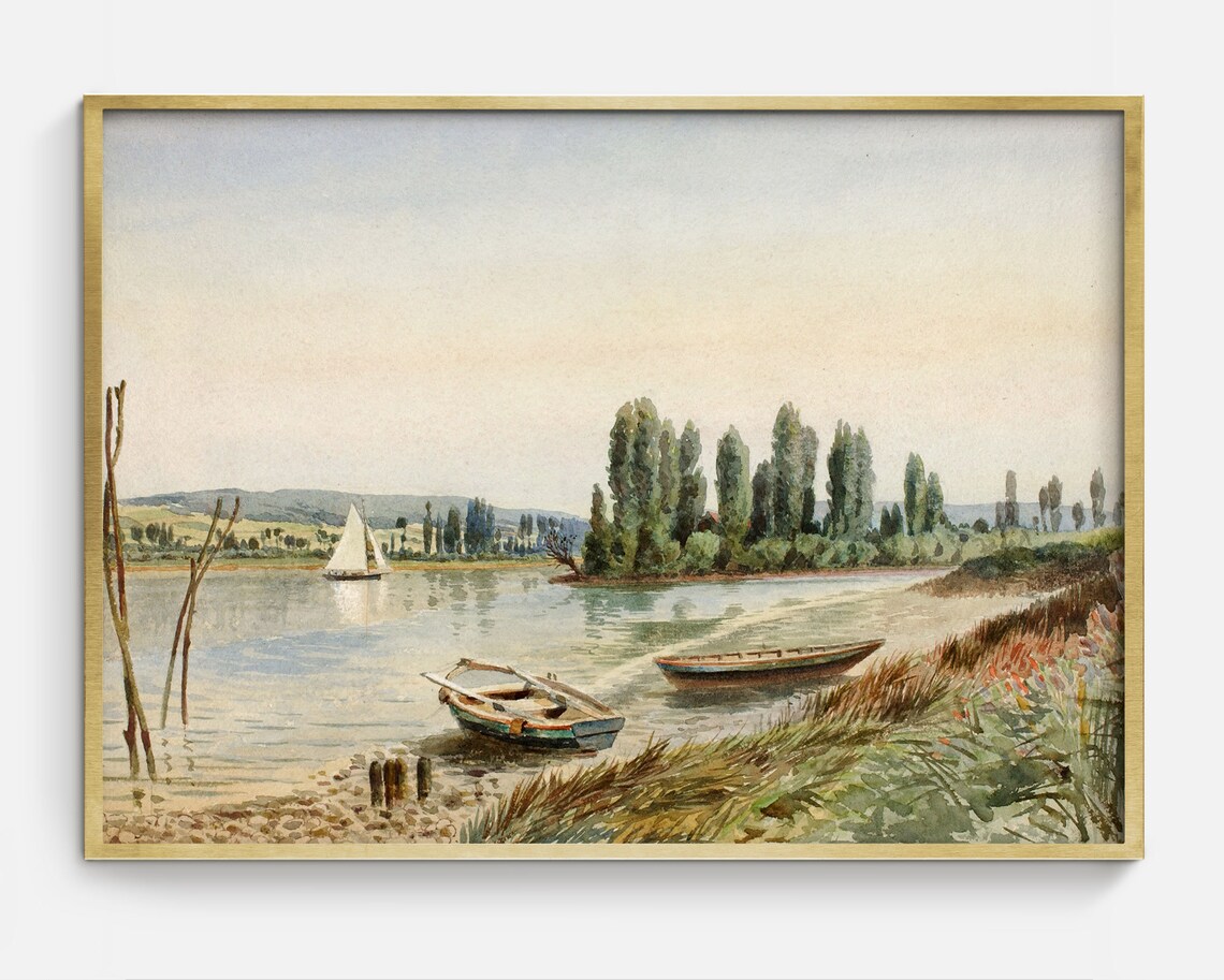 Vintage Nautical Boat Landscape Art Print, Antique Summer