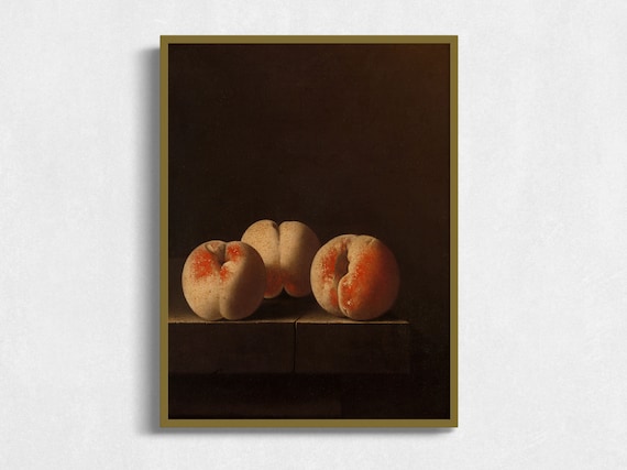 Three Peaches Still Life Vintage Artwork Moody Antique Wall Art Antique Fruit Oil Painting Kitchen