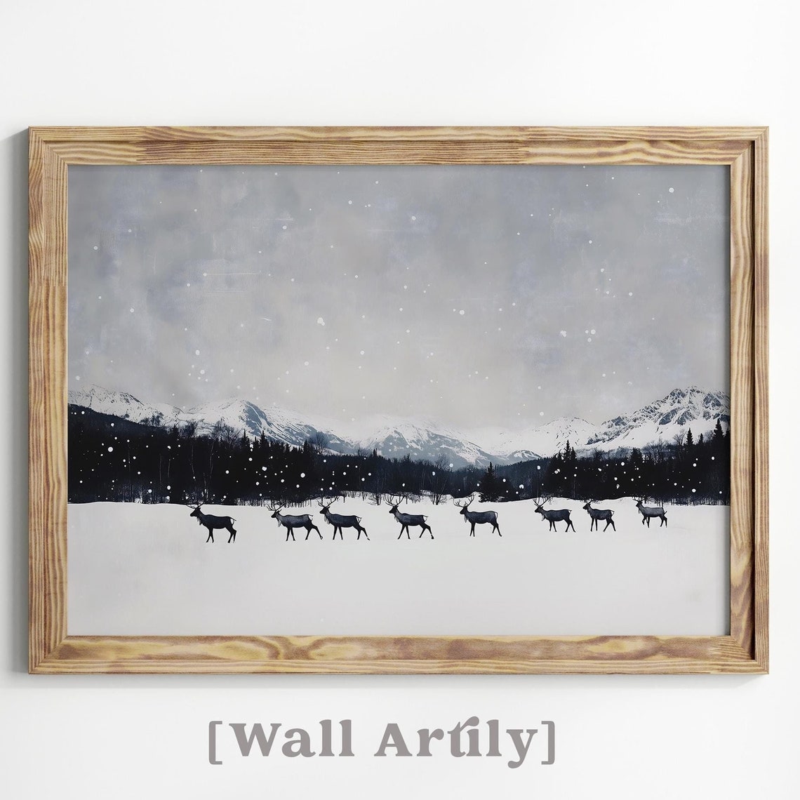 Reindeer Herd Crossing Snowy Plain Mountain Winter Wildlife Poster