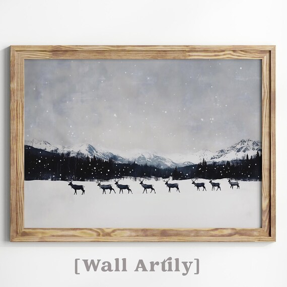 Reindeer Herd Crossing Snowy Plain Mountain Winter Wildlife Poster